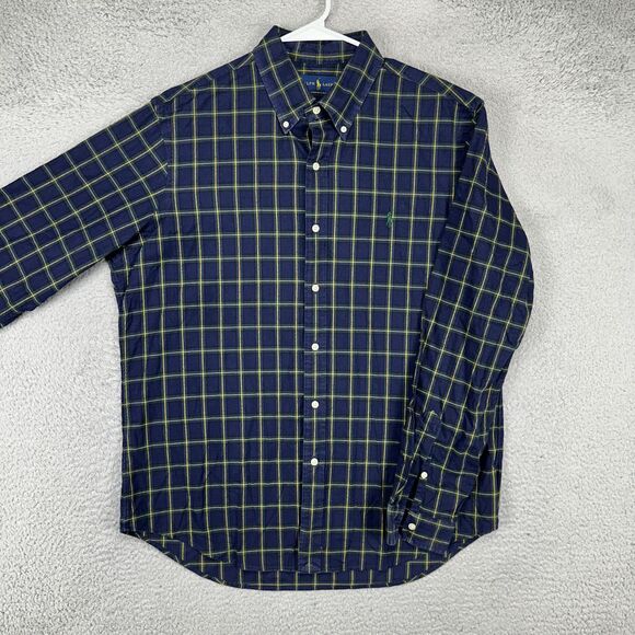 Ralph Lauren Flannel Shirt Adult Large Navy Yellow Plaid Button Down Pony Mens
